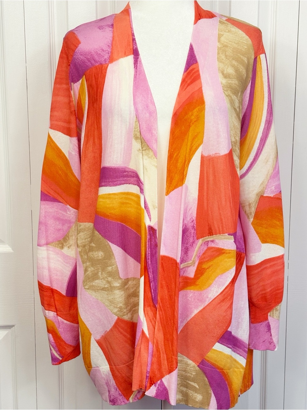 NWT Chico's Orange Pink Multi Abstract Print Open Front Midi Cardigan Large